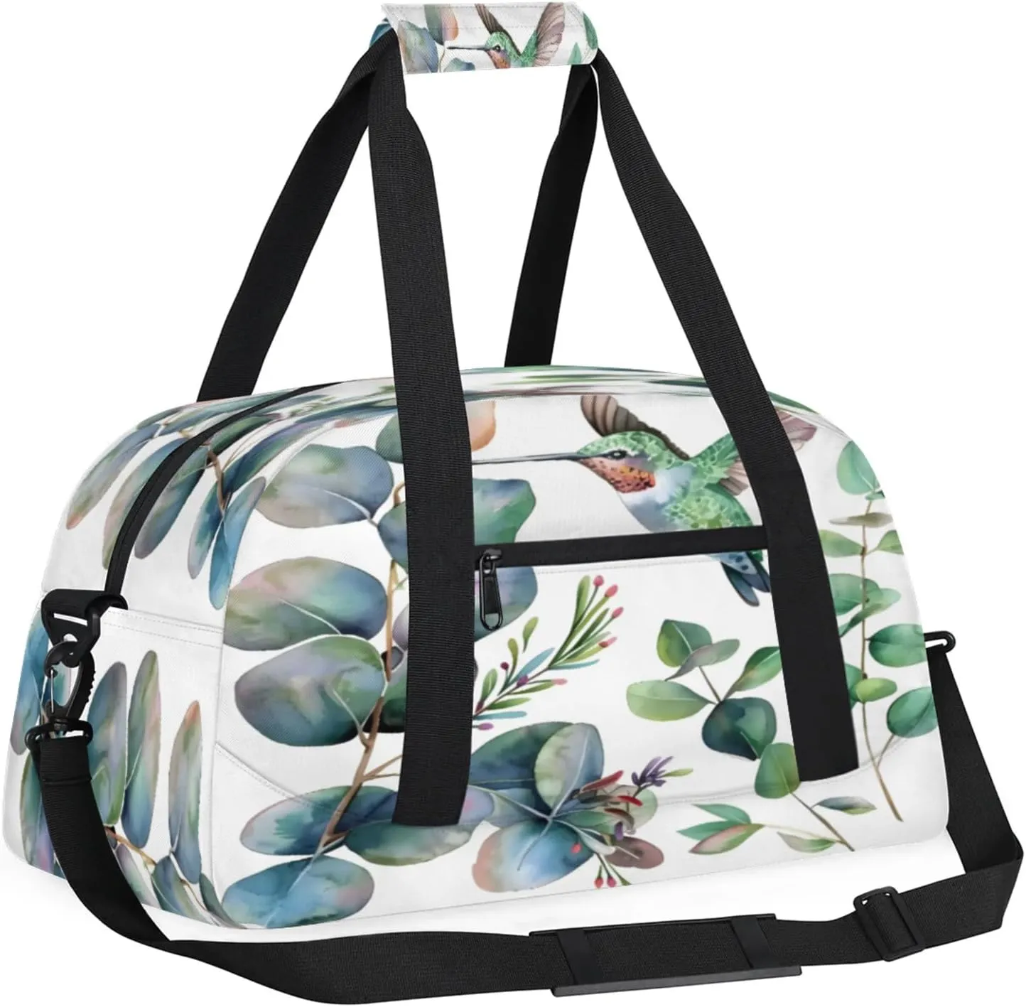 Sage Green Eucalyptus Leaf Hummingbird Small Gym Bag 18 inch Carry On Duffel Bag for Weekender Travel Sports Workout Yoga Gymnastics Dance Ballet