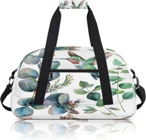Sage Green Eucalyptus Leaf Hummingbird Small Gym Bag 18 inch Carry On Duffel Bag for Weekender Travel Sports Workout Yoga Gymnastics Dance Ballet