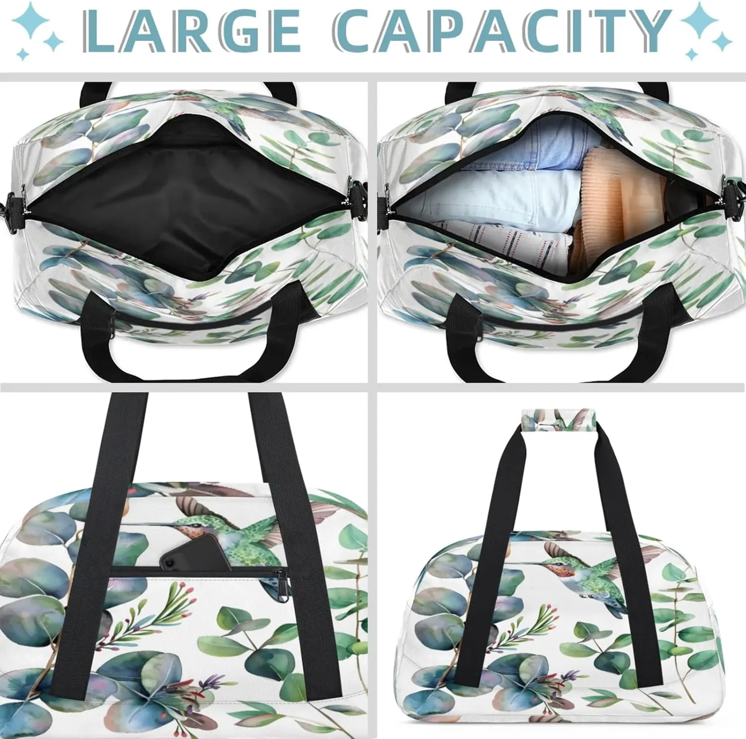 Sage Green Eucalyptus Leaf Hummingbird Small Gym Bag 18 inch Carry On Duffel Bag for Weekender Travel Sports Workout Yoga Gymnastics Dance Ballet