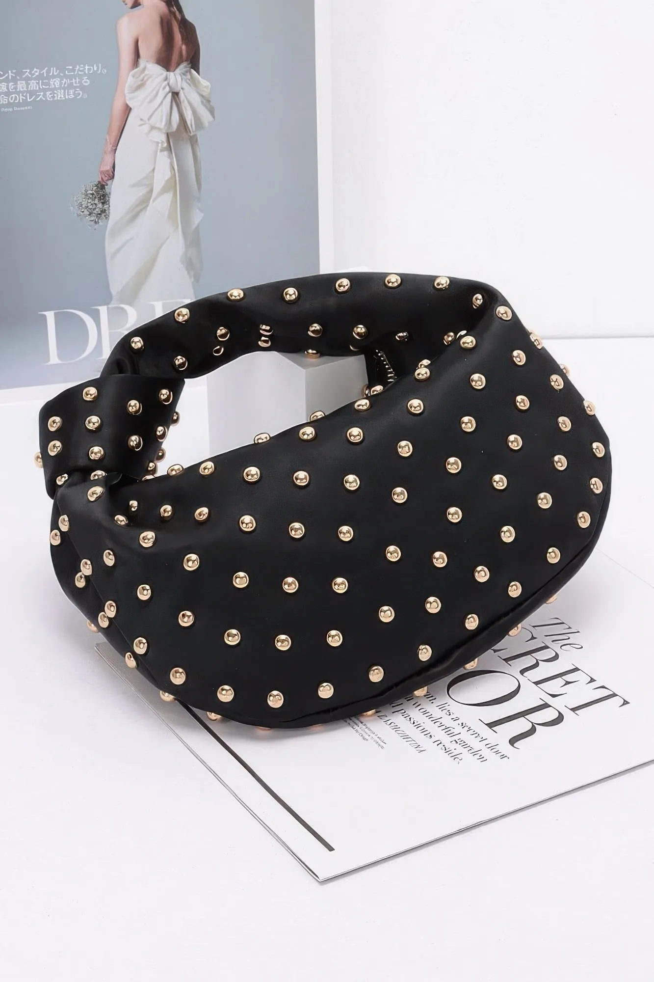 Satin Metal Studded Hobo Bag