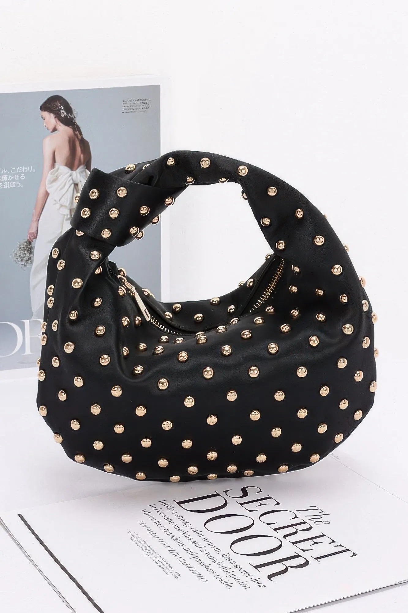 Satin Metal Studded Hobo Bag