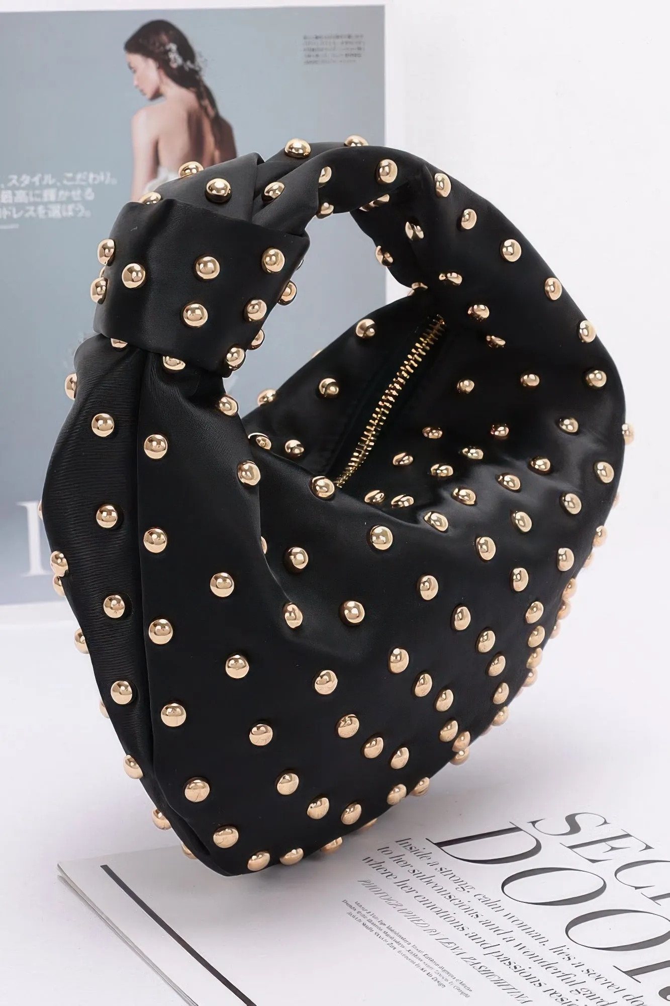 Satin Metal Studded Hobo Bag