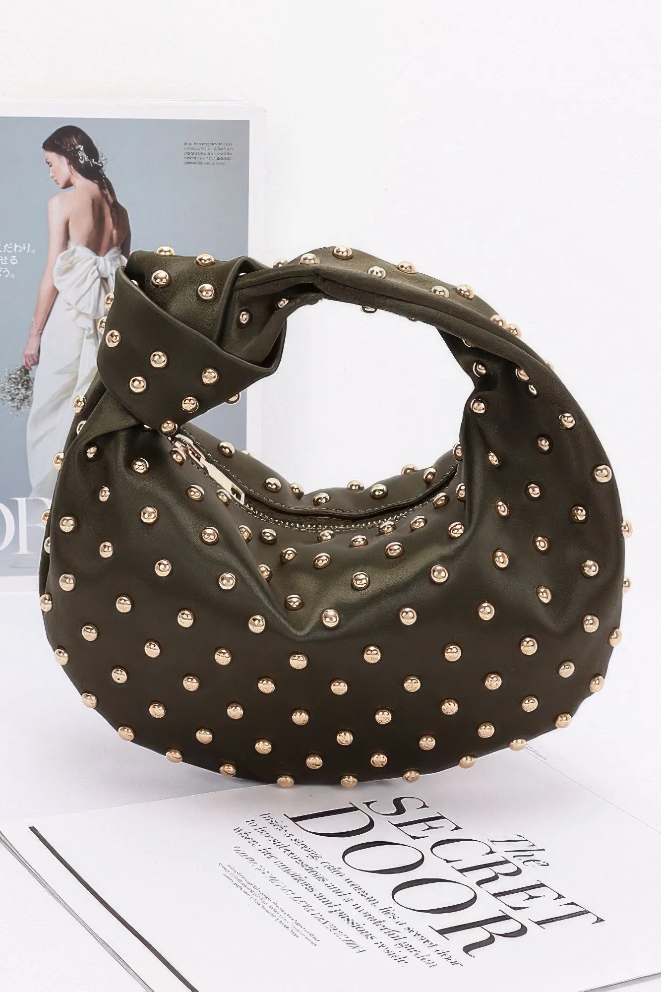 Satin Metal Studded Hobo Bag