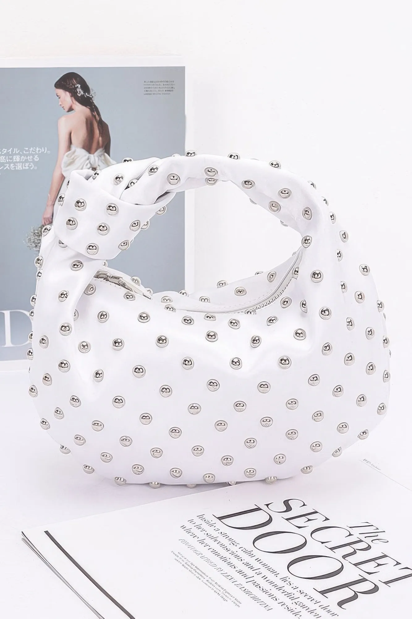 Satin Metal Studded Hobo Bag