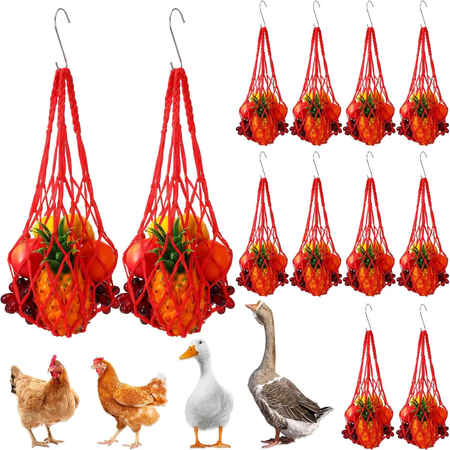 SATINIOR 12 Pcs Chicken Vegetable Hanging Feeder Chicken Vegetable String Bag with Hook Poultry Fruit Holder Cabbage Feeder Treat Dispenser Veggies Holder Feeding Tool for Hens Coop Toy Goose Duck