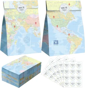 SATINIOR 60 Pcs World Map Travel Favor Bags with Stickers Goody Gift Treat Paper Bags for Travel Themed Birthday Party Holiday Baby Shower Classrooms Decor