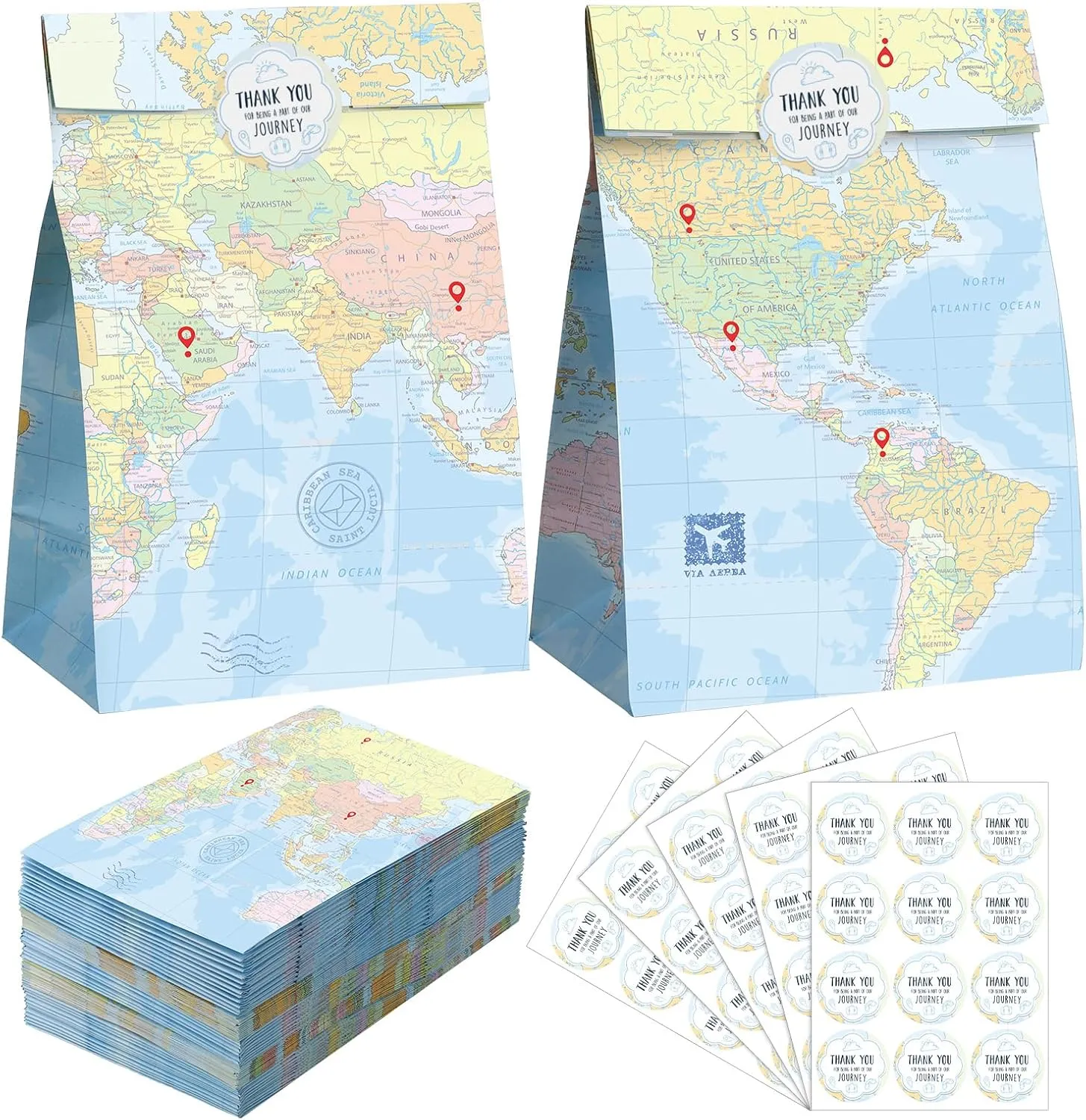 SATINIOR 60 Pcs World Map Travel Favor Bags with Stickers Goody Gift Treat Paper Bags for Travel Themed Birthday Party Holiday Baby Shower Classrooms Decor