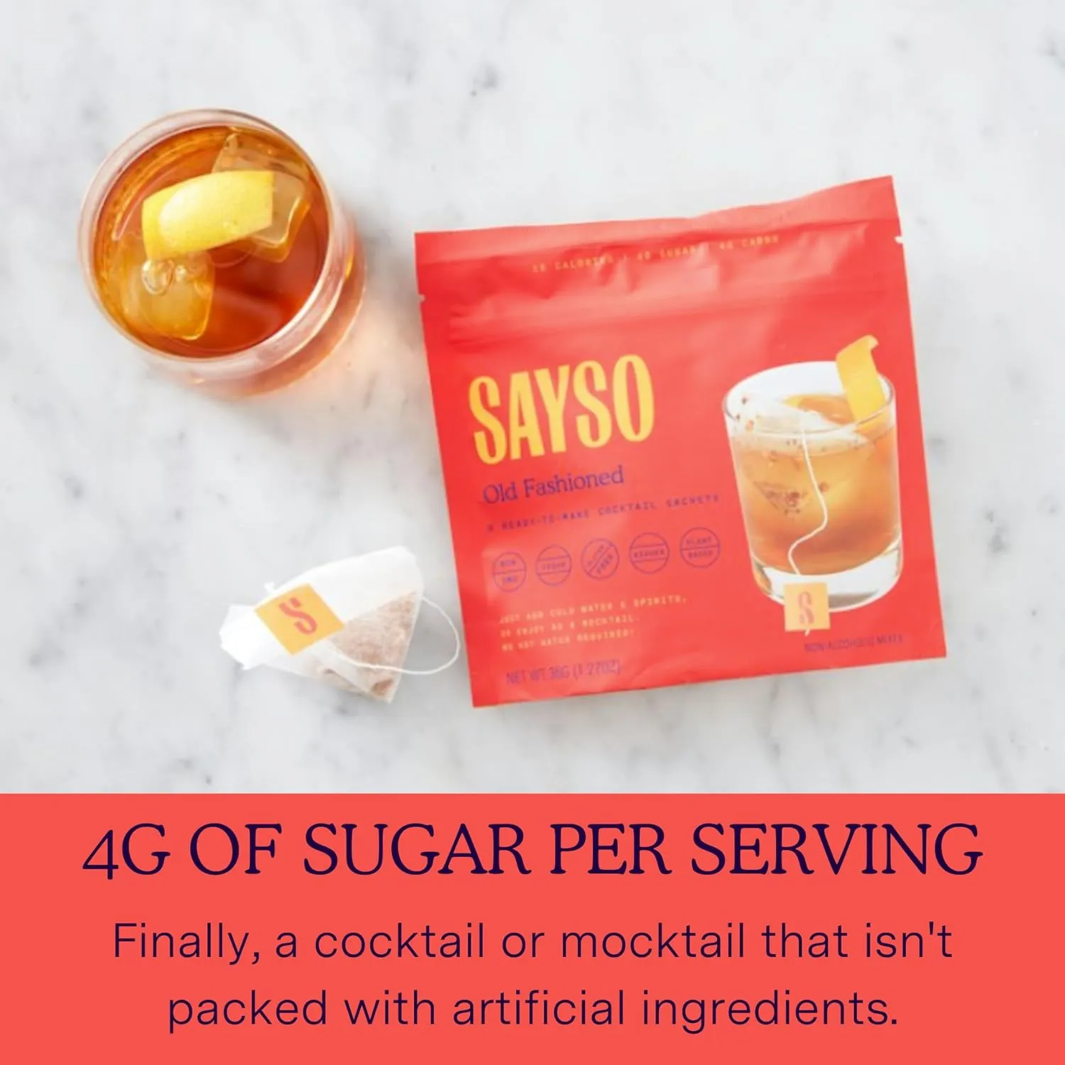 SAYSO Old Fashioned Original Craft Cocktail Tea Bag | Under 1 Min (With Bitters & Orange) | Steep in Whiskey & Cold Water |Organic, Certified Gluten-free & Non-GMO| (<4G Sugar, 15 Calories), 8 count