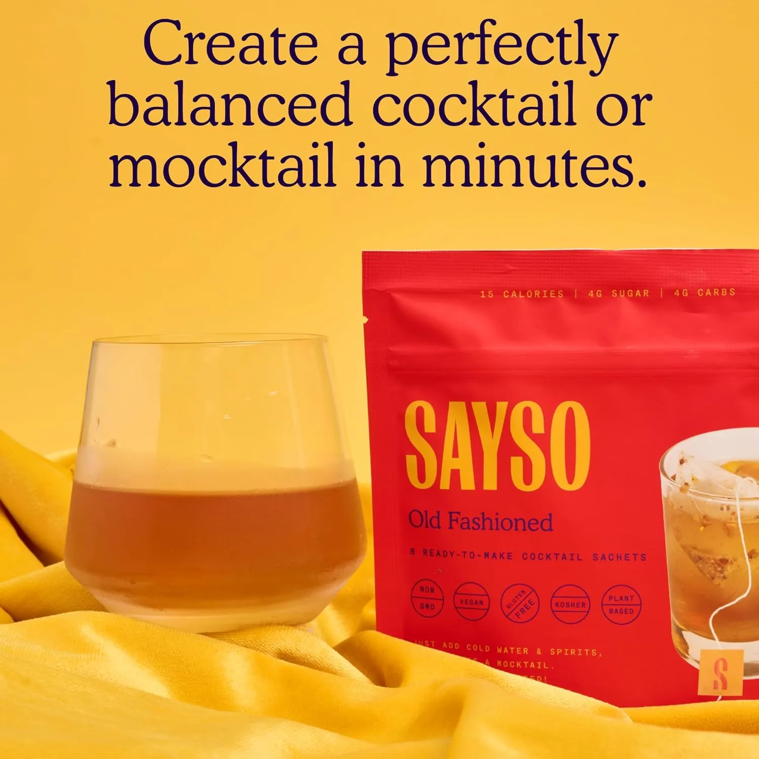 SAYSO Old Fashioned Original Craft Cocktail Tea Bag | Under 1 Min (With Bitters & Orange) | Steep in Whiskey & Cold Water |Organic, Certified Gluten-free & Non-GMO| (<4G Sugar, 15 Calories), 8 count