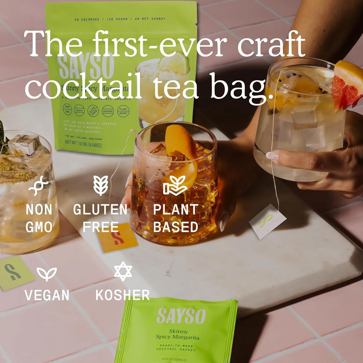 SAYSO Skinny Spicy Margarita, Skinny Hibiscus Cosmo & Skinny Cardamom Paloma Cocktail Tea Bags - - Instant Cocktail or Mocktail Mixers - No Hot Water - Home Bar - Organic Ingredients, 3-Pack