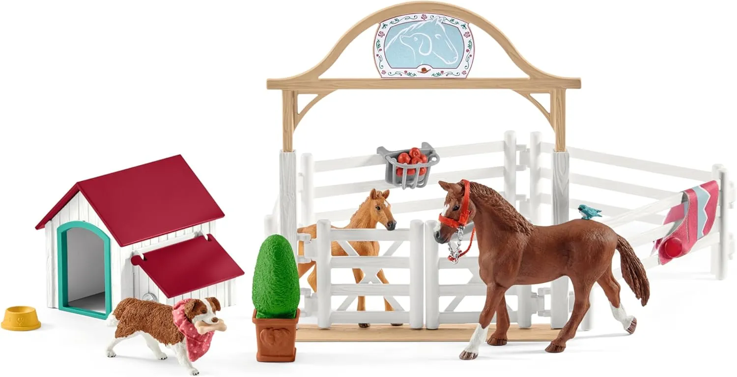 Schleich Horse Club — Hannah's Guest Horses Playset, 20-Piece Horse Stable Toy Set Including Mare, Foal, Hannah Doll and Dog Figurine, Horse Toys for Girls and Boys Ages 5 