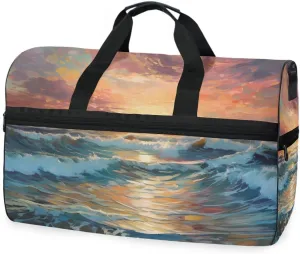 Sea Wave Sunset Painting Travel Duffel Bag Luggage Sports Gym Bags With Shoes Compartment Large Capacity Lightweight Duffle Bag For Men Women
