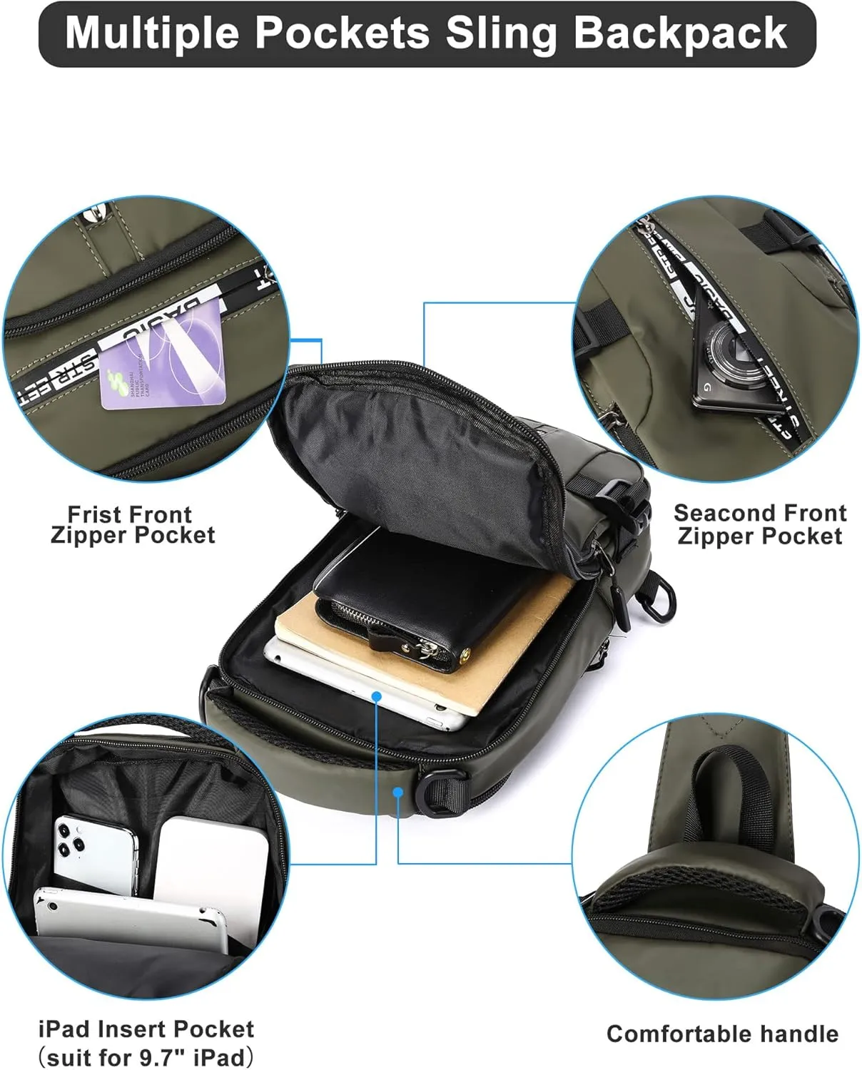 SEAFEW Small Sling Crossbody Backpack Shoulder Bag for Men, Lightweight One Strap Backpack Sling BacK pack for Hiking Walking Biking Travel Cycling USB Charger Port-Nylon (Olive Green)