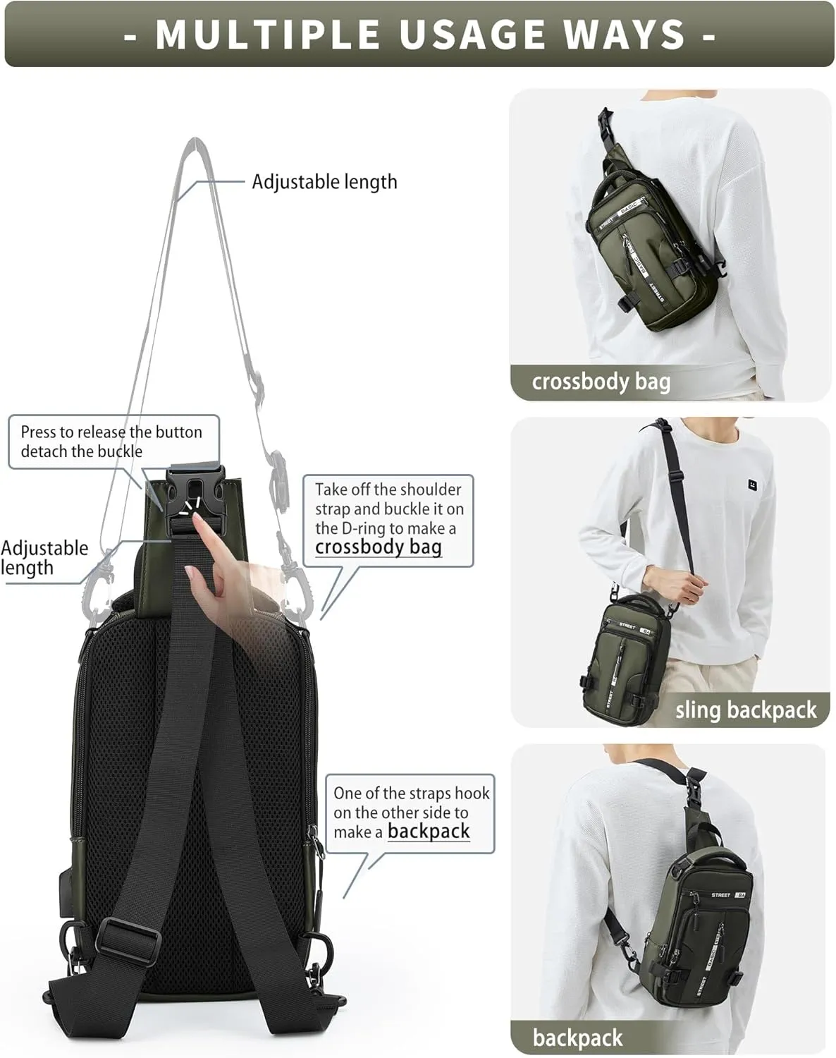 SEAFEW Small Sling Crossbody Backpack Shoulder Bag for Men, Lightweight One Strap Backpack Sling BacK pack for Hiking Walking Biking Travel Cycling USB Charger Port-Nylon (Olive Green)