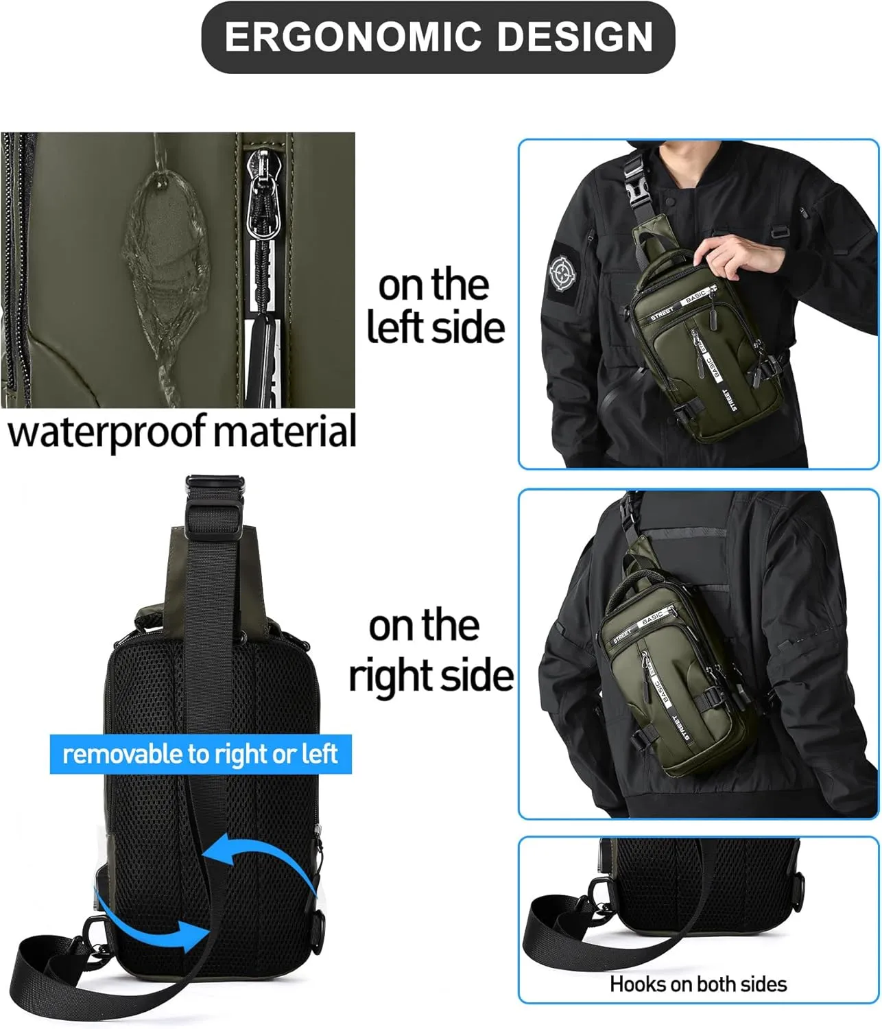 SEAFEW Small Sling Crossbody Backpack Shoulder Bag for Men, Lightweight One Strap Backpack Sling BacK pack for Hiking Walking Biking Travel Cycling USB Charger Port-Nylon (Olive Green)