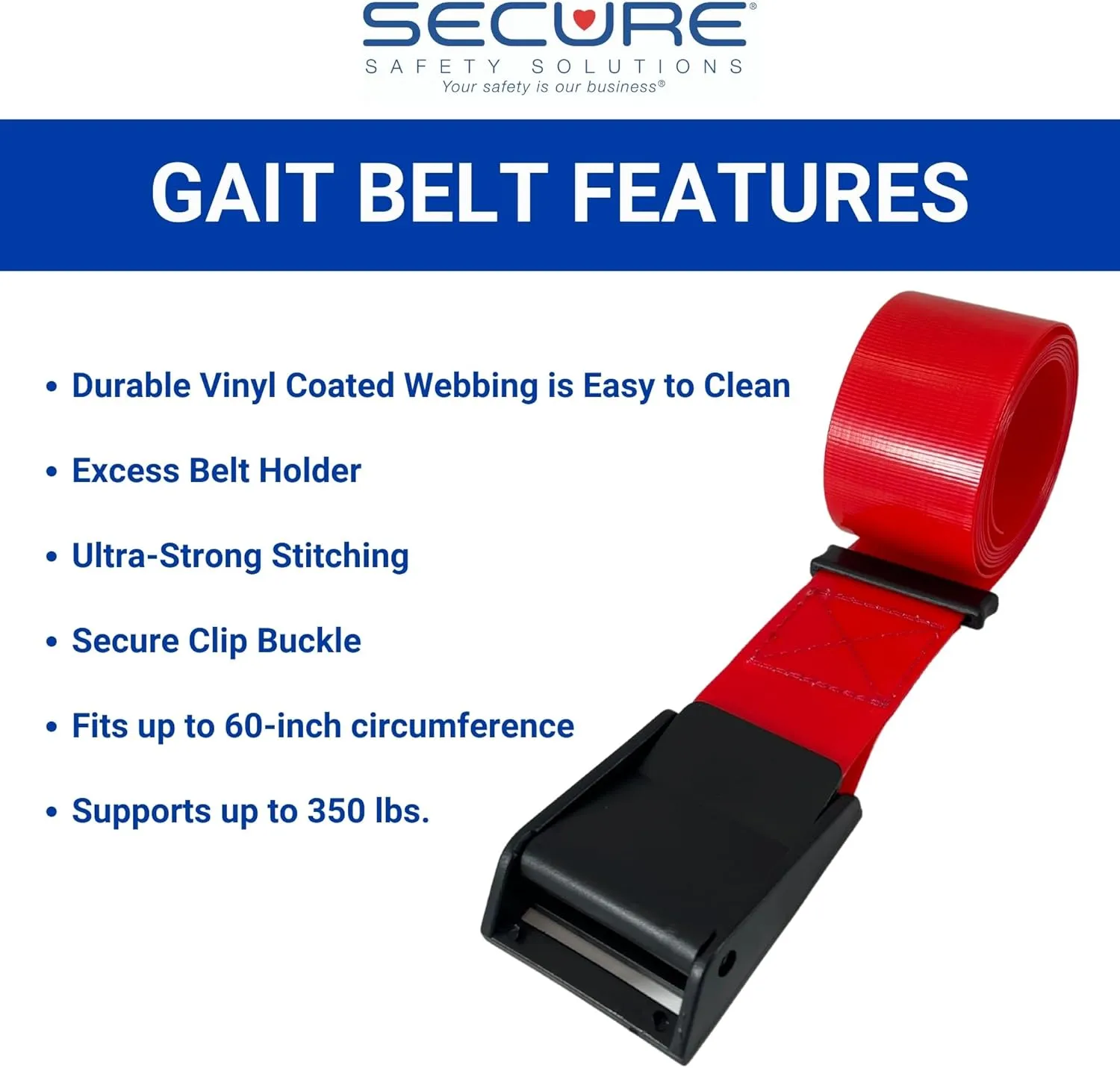 Secure EZ Clean Vinyl Gait Belt for Elderly, Easy to Clean Plastic Wipeable Transfer Belt, Walking Stand Assist Aid for Seniors, Patient Caregivers, Nurses, Physical Therapy