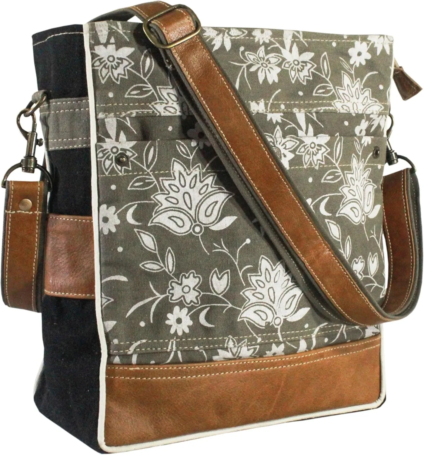 SEL de MER Upcycled Off-White Blossom Print Canvas & Leather Shoulder Bag, Canvas Crossbody Bags for Women (11x 12)