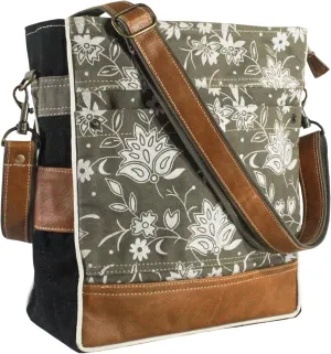 SEL de MER Upcycled Off-White Blossom Print Canvas & Leather Shoulder Bag, Canvas Crossbody Bags for Women (11x 12)