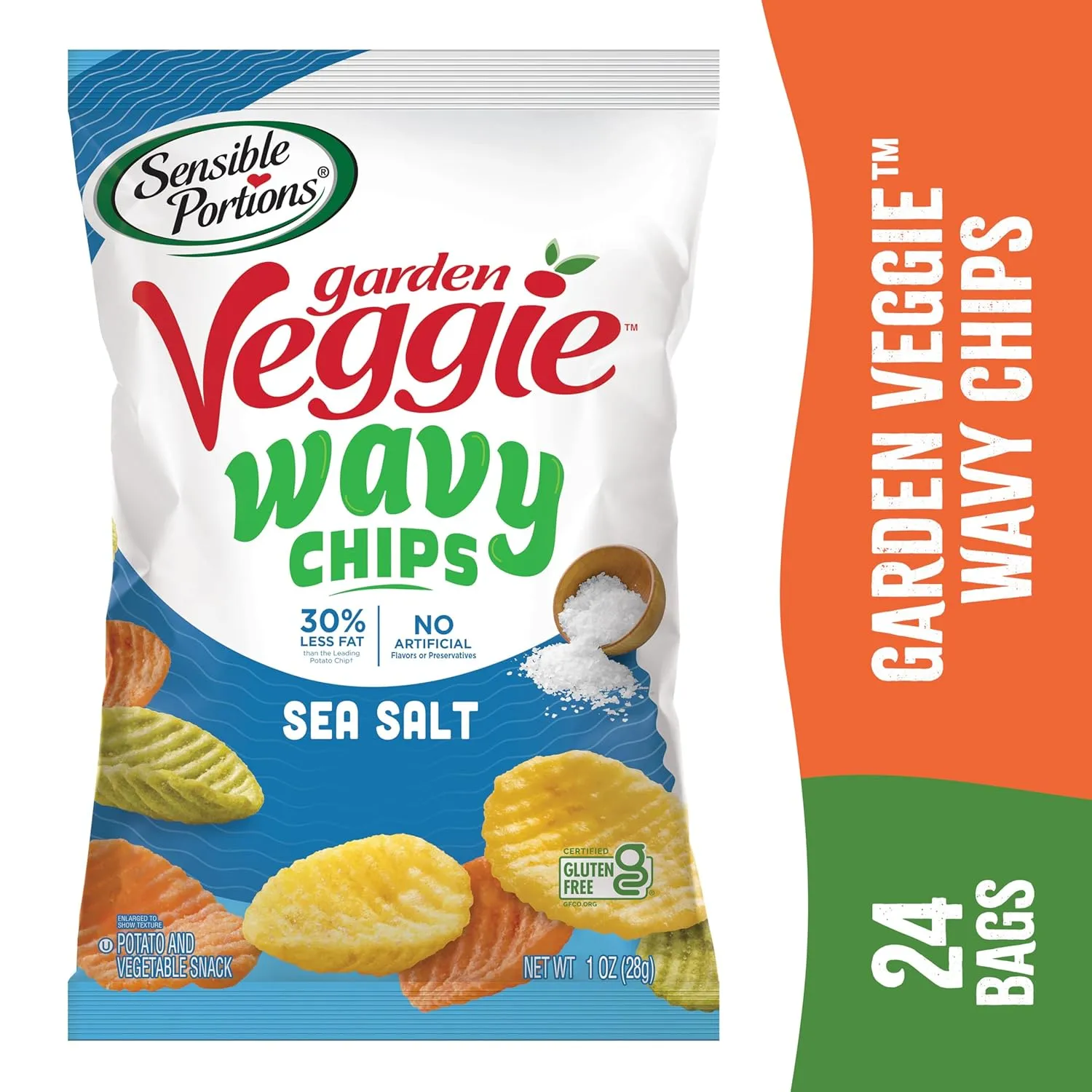 Sensible Portions Garden Veggie Wavy Chips, Sea Salt, Snack Size, 1 Oz (Pack of 24)