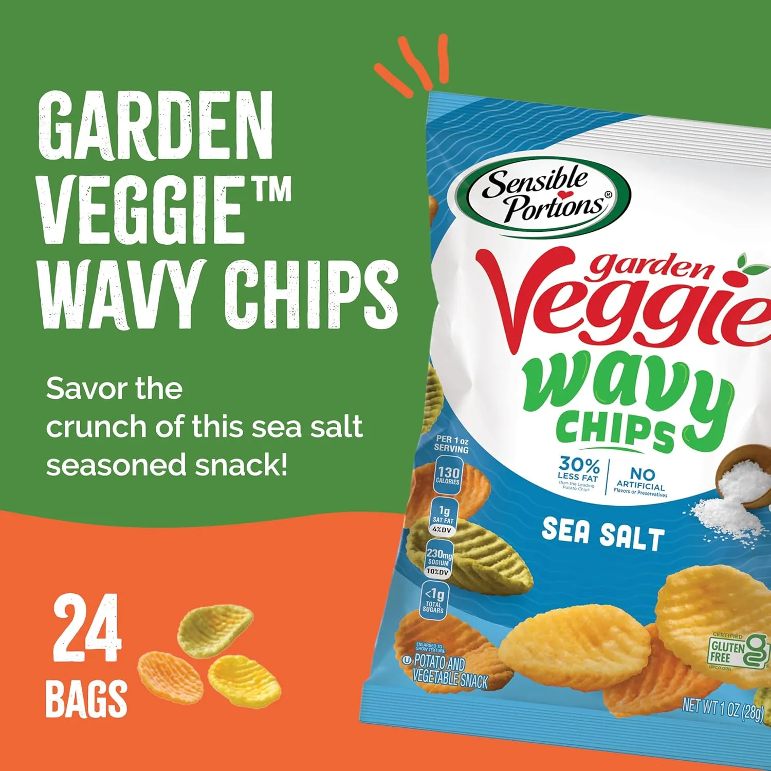 Sensible Portions Garden Veggie Wavy Chips, Sea Salt, Snack Size, 1 Oz (Pack of 24)