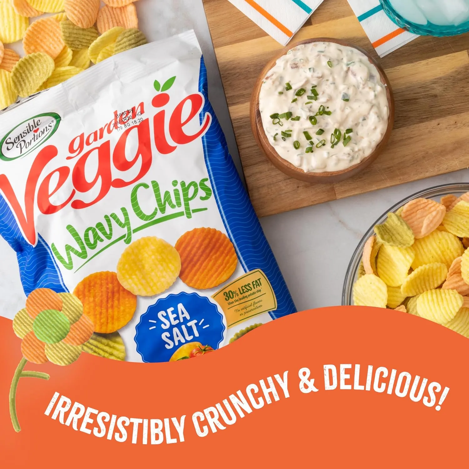 Sensible Portions Garden Veggie Wavy Chips, Sea Salt, Snack Size, 1 Oz (Pack of 24)