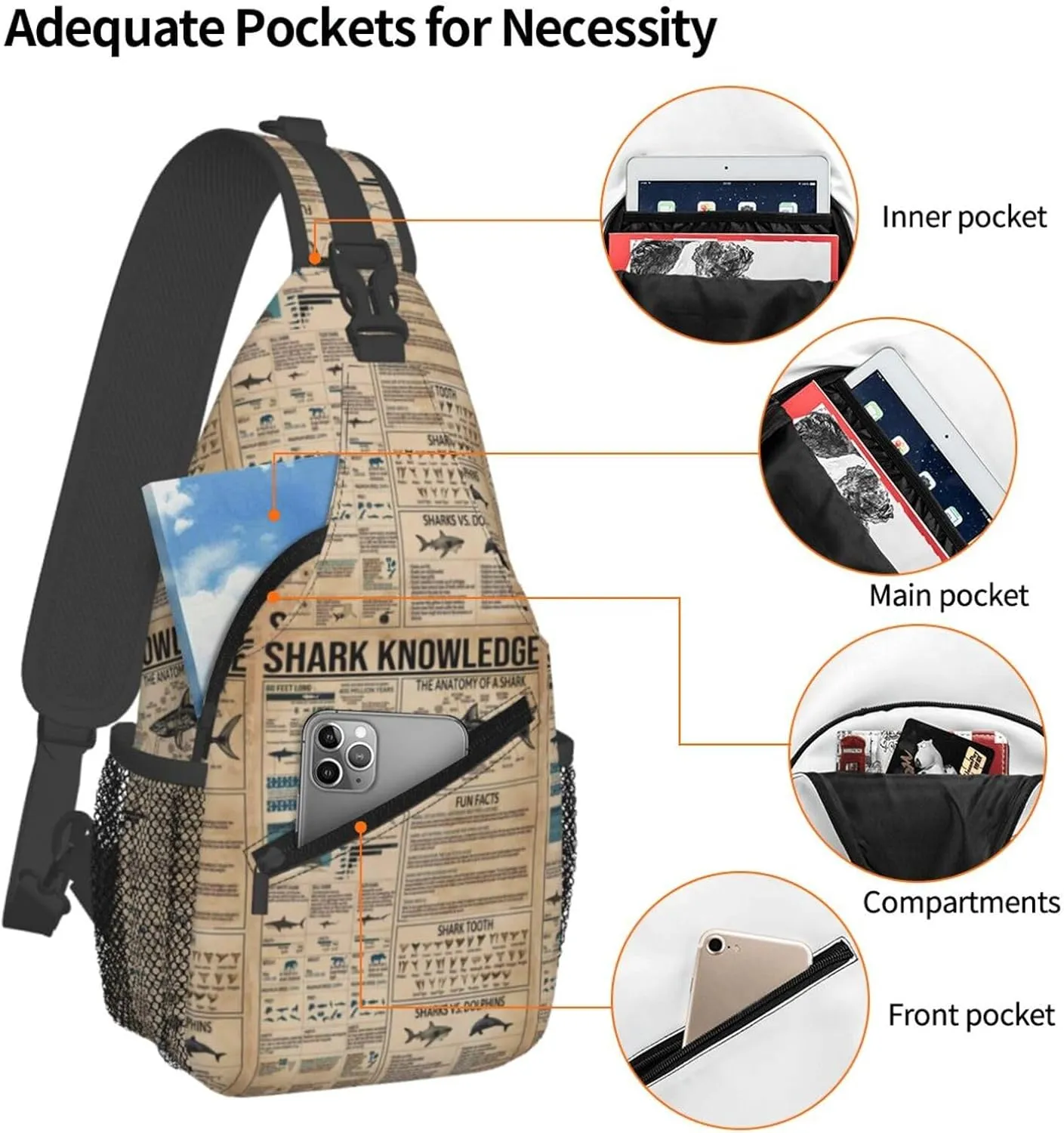 Shark Knowledge Funny The Anatomy Of A Shark Chest Sling Bag Crossbody Shoulder Backpack Bag Gym Cycling Travel Hiking Daypack Cross Bag