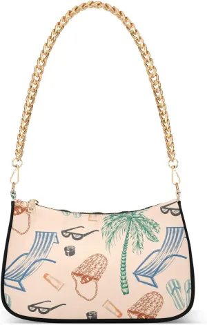 Shoulder Bag for Women Beach Pattern Palm Tree Sun Lounger Hobo Purses Handbags for Women with Chain Strap