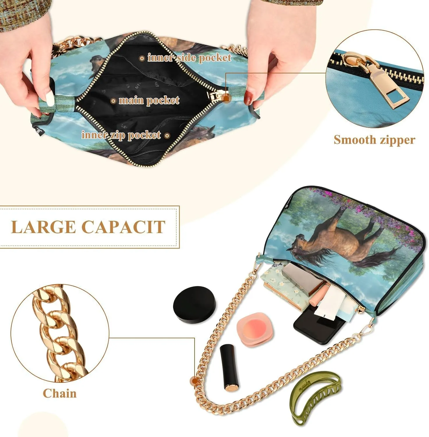 Shoulder Bag for Women Hobo Tote Handbag Gold Chain Crossbody Bag with Zipper Clutch Purse Handbags