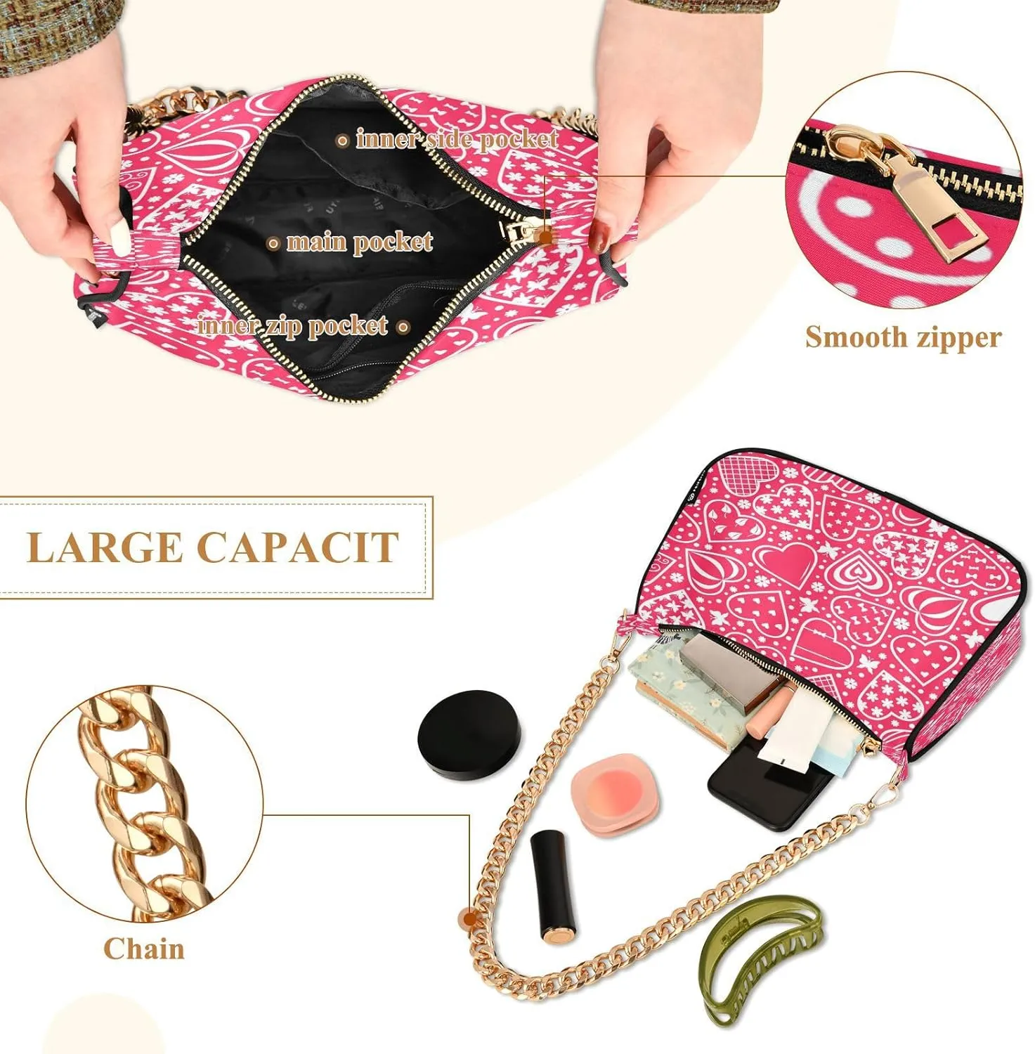 Shoulder Bag for Women Hobo Tote Handbag Gold Chain Crossbody Bag with Zipper Clutch Purse Handbags