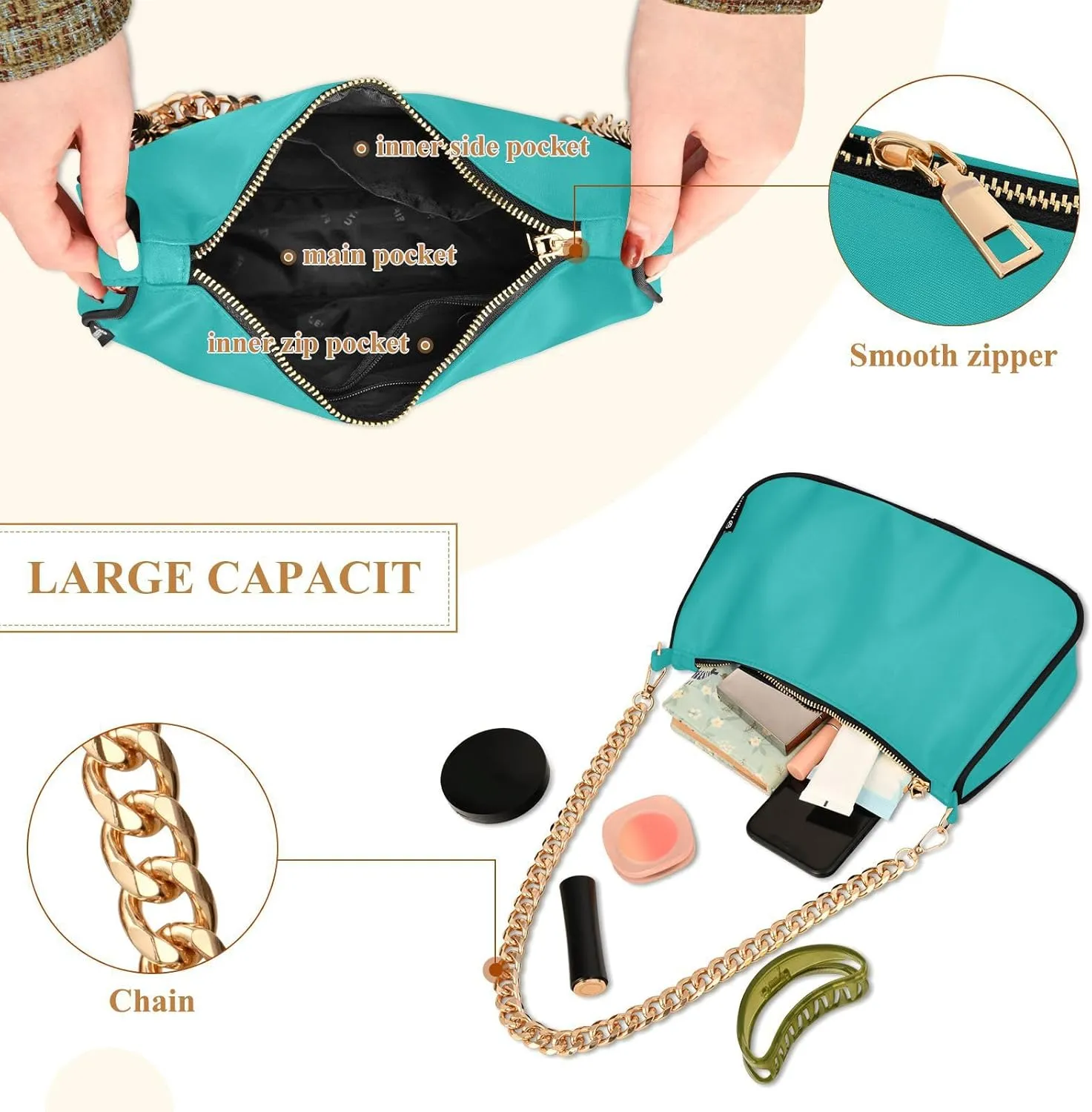Shoulder Bag for Women Hobo Tote Handbag Gold Chain Crossbody Bag with Zipper Clutch Purse Handbags