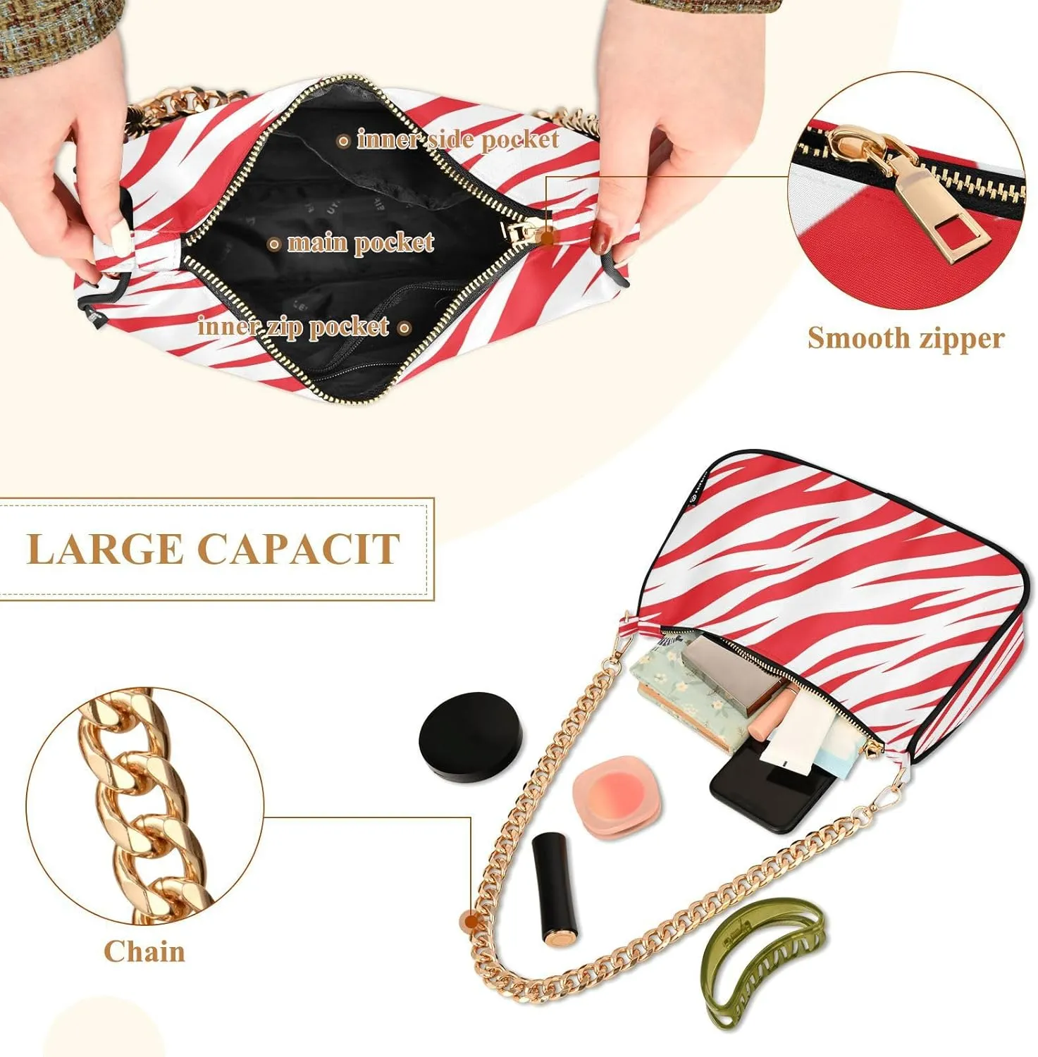 Shoulder Bag for Women Hobo Tote Handbag Gold Chain Crossbody Bag with Zipper Clutch Purse Handbags