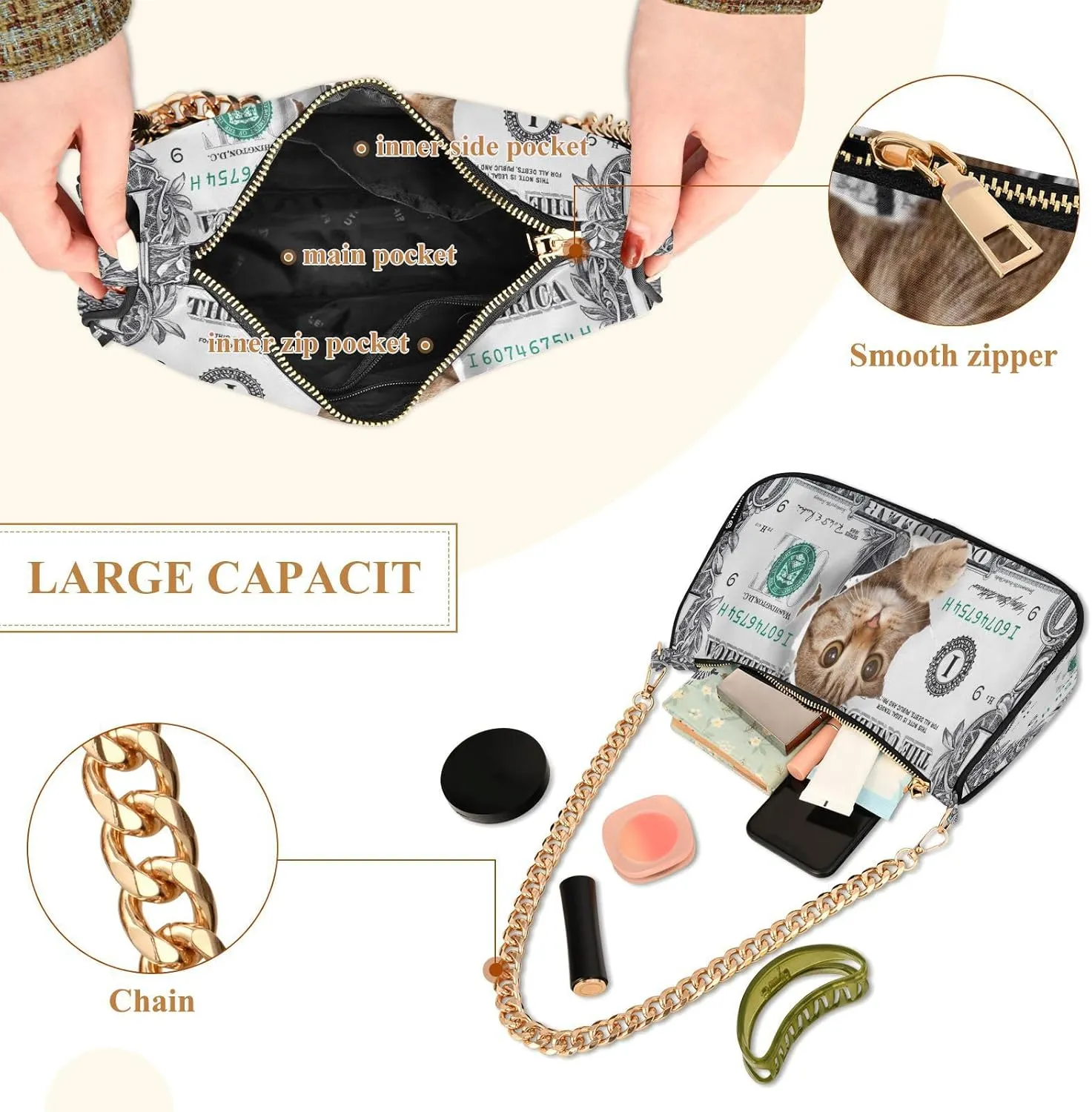 Shoulder Bag for Women Hobo Tote Handbag Gold Chain Crossbody Bag with Zipper Clutch Purse Handbags
