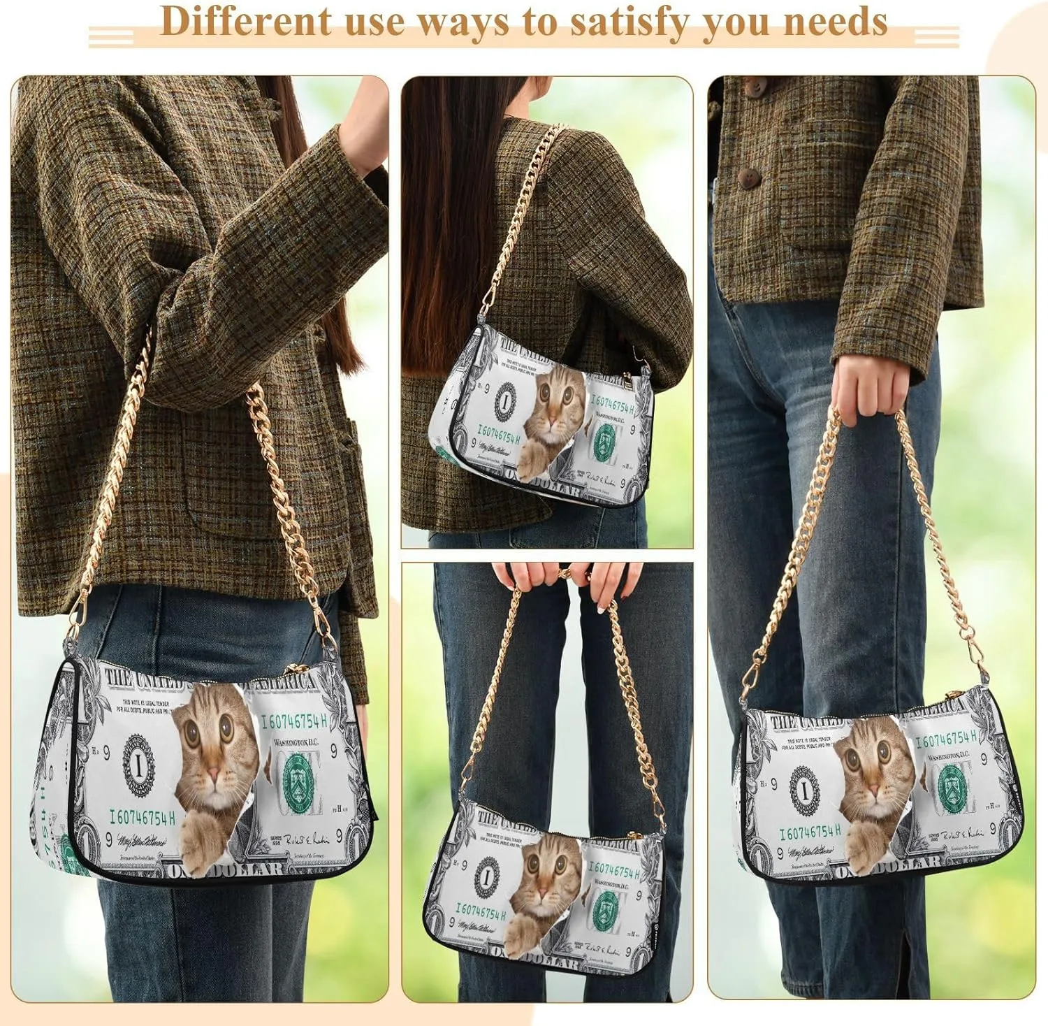 Shoulder Bag for Women Hobo Tote Handbag Gold Chain Crossbody Bag with Zipper Clutch Purse Handbags