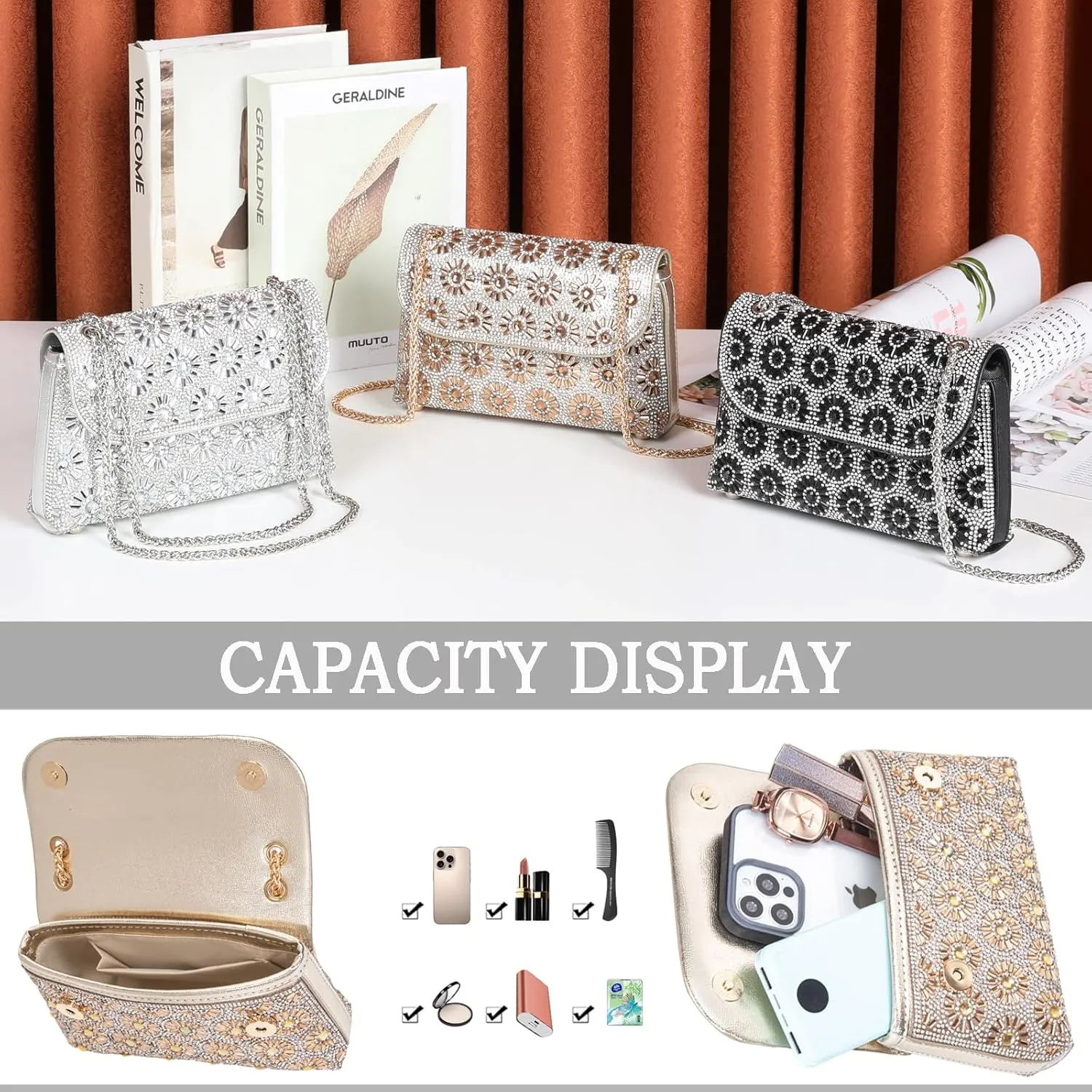 Shoulder Bags Crossbody Bag Purses Handbags Crystals Rhinestone Evening Bag for Women Clutch Purse with Chain