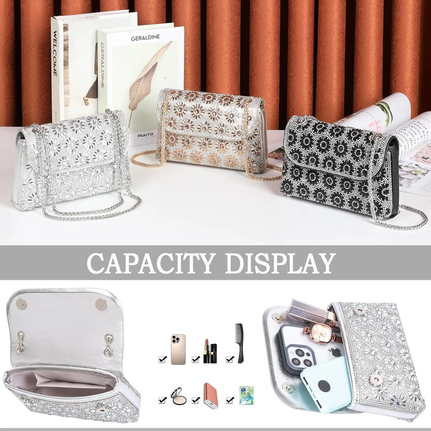 Shoulder Bags Crossbody Bag Purses Handbags Crystals Rhinestone Evening Bag for Women Clutch Purse with Chain