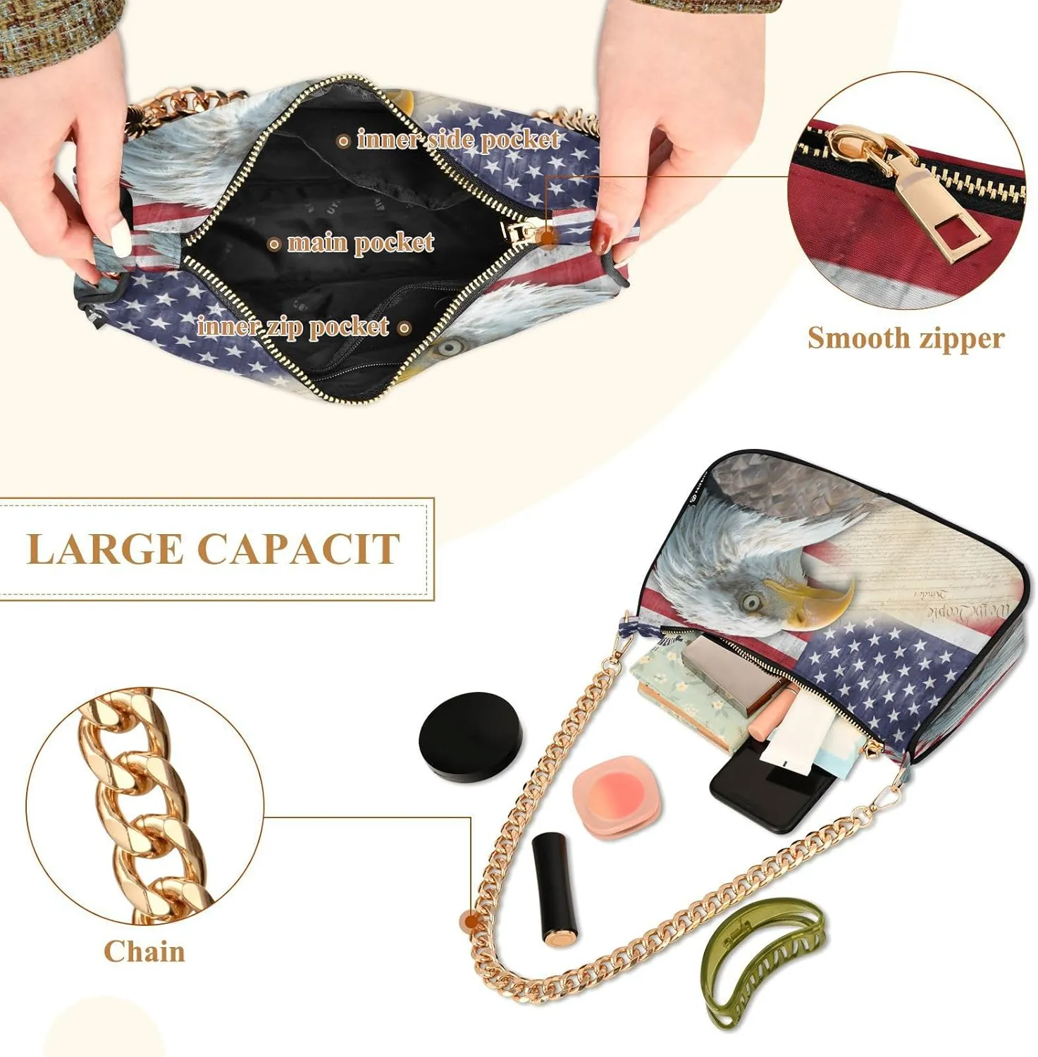 Shoulder Bags for Women American US Flag Independence Day Patriotic Hobo Tote Handbag Small Clutch Purse with Zipper Closure