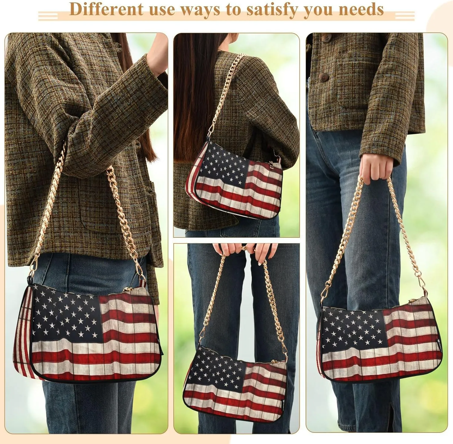 Shoulder Bags for Women American US Flag Independence Day Patriotic Hobo Tote Handbag Small Clutch Purse with Zipper Closure