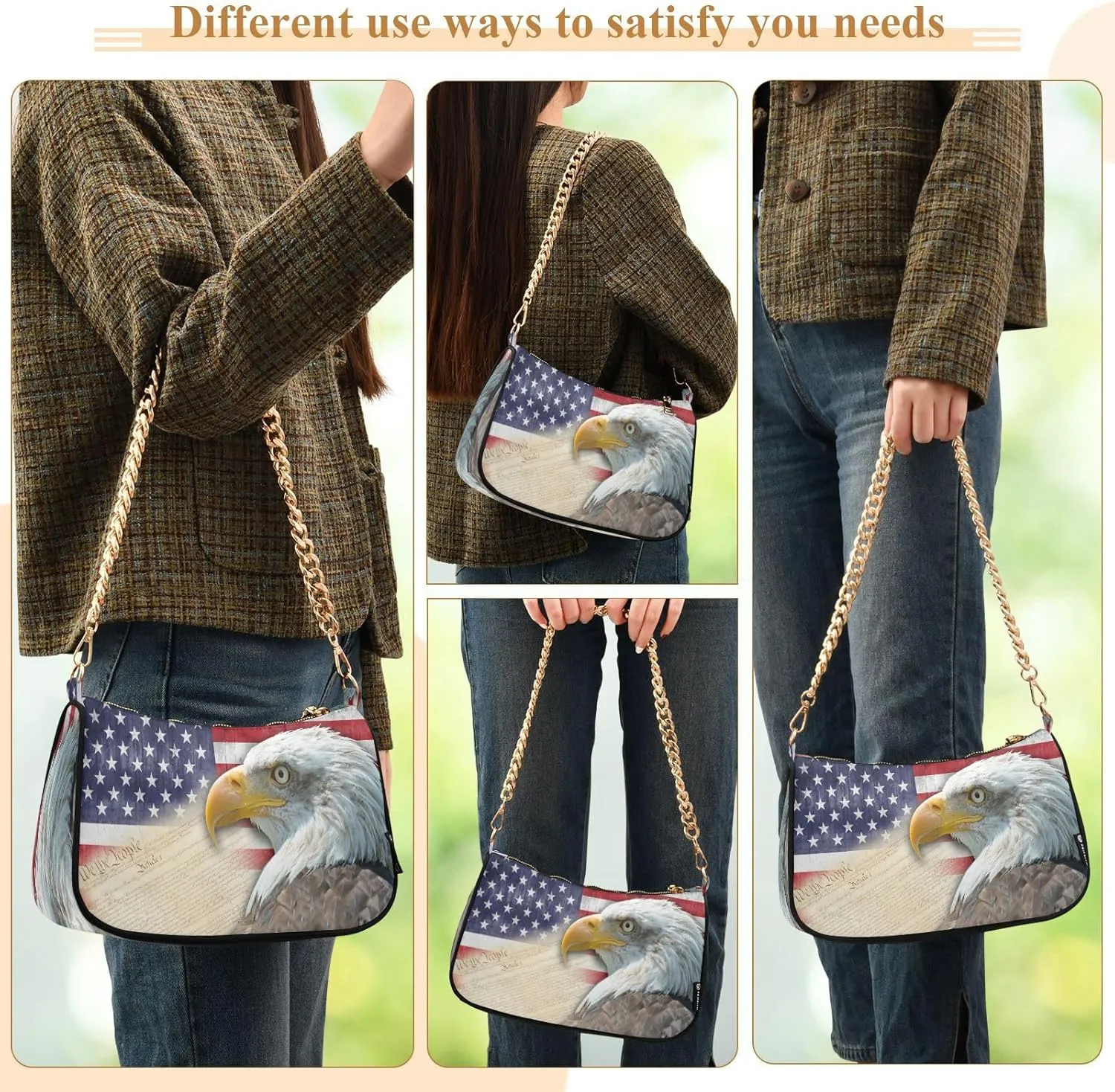 Shoulder Bags for Women American US Flag Independence Day Patriotic Hobo Tote Handbag Small Clutch Purse with Zipper Closure