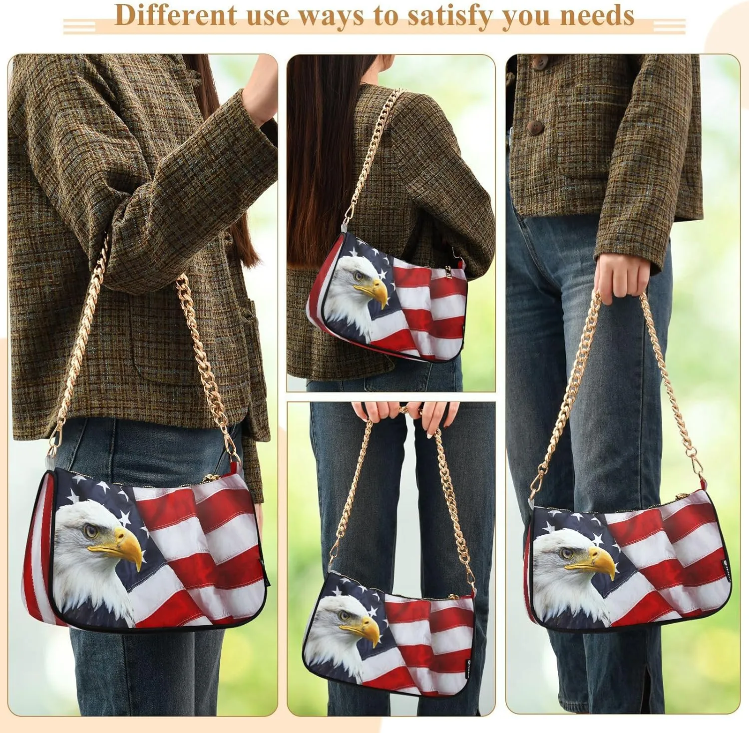 Shoulder Bags for Women American US Flag Independence Day Patriotic Hobo Tote Handbag Small Clutch Purse with Zipper Closure