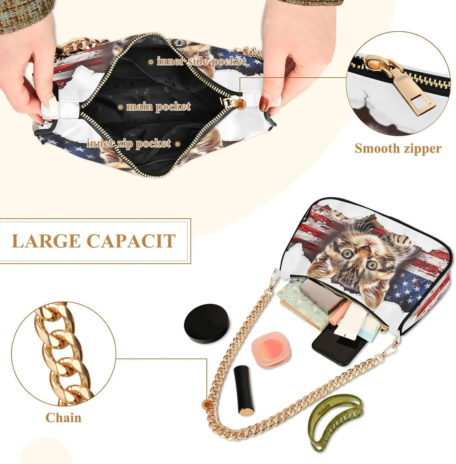 Shoulder Bags for Women American US Flag Independence Day Patriotic Hobo Tote Handbag Small Clutch Purse with Zipper Closure