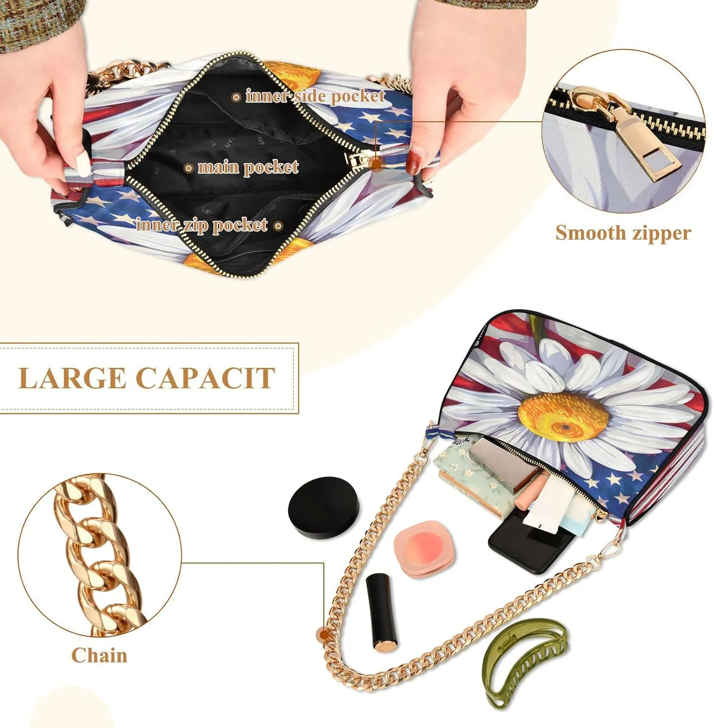 Shoulder Bags for Women American US Flag Independence Day Patriotic Hobo Tote Handbag Small Clutch Purse with Zipper Closure