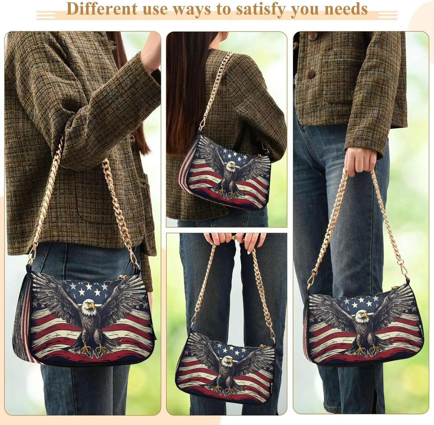 Shoulder Bags for Women American US Flag Independence Day Patriotic Hobo Tote Handbag Small Clutch Purse with Zipper Closure