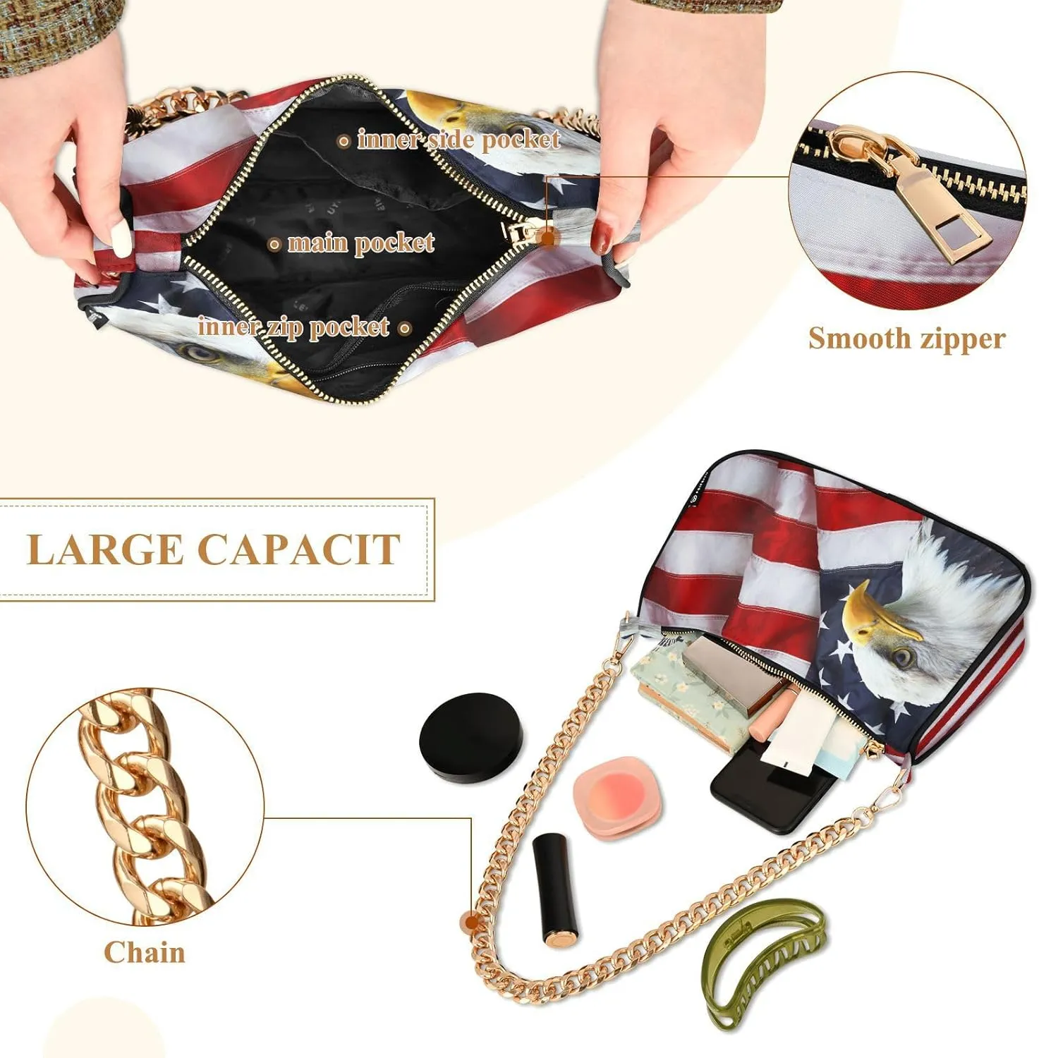 Shoulder Bags for Women American US Flag Independence Day Patriotic Hobo Tote Handbag Small Clutch Purse with Zipper Closure