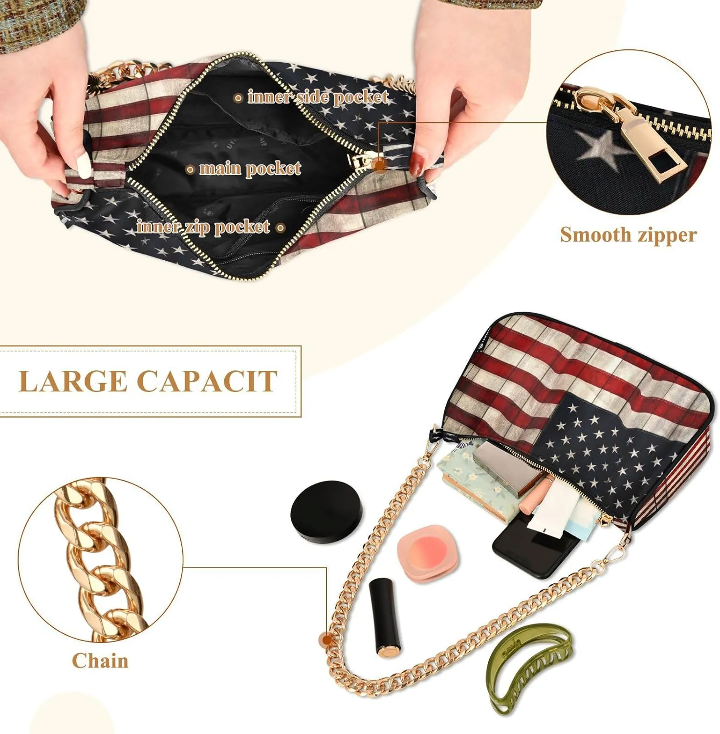 Shoulder Bags for Women American US Flag Independence Day Patriotic Hobo Tote Handbag Small Clutch Purse with Zipper Closure