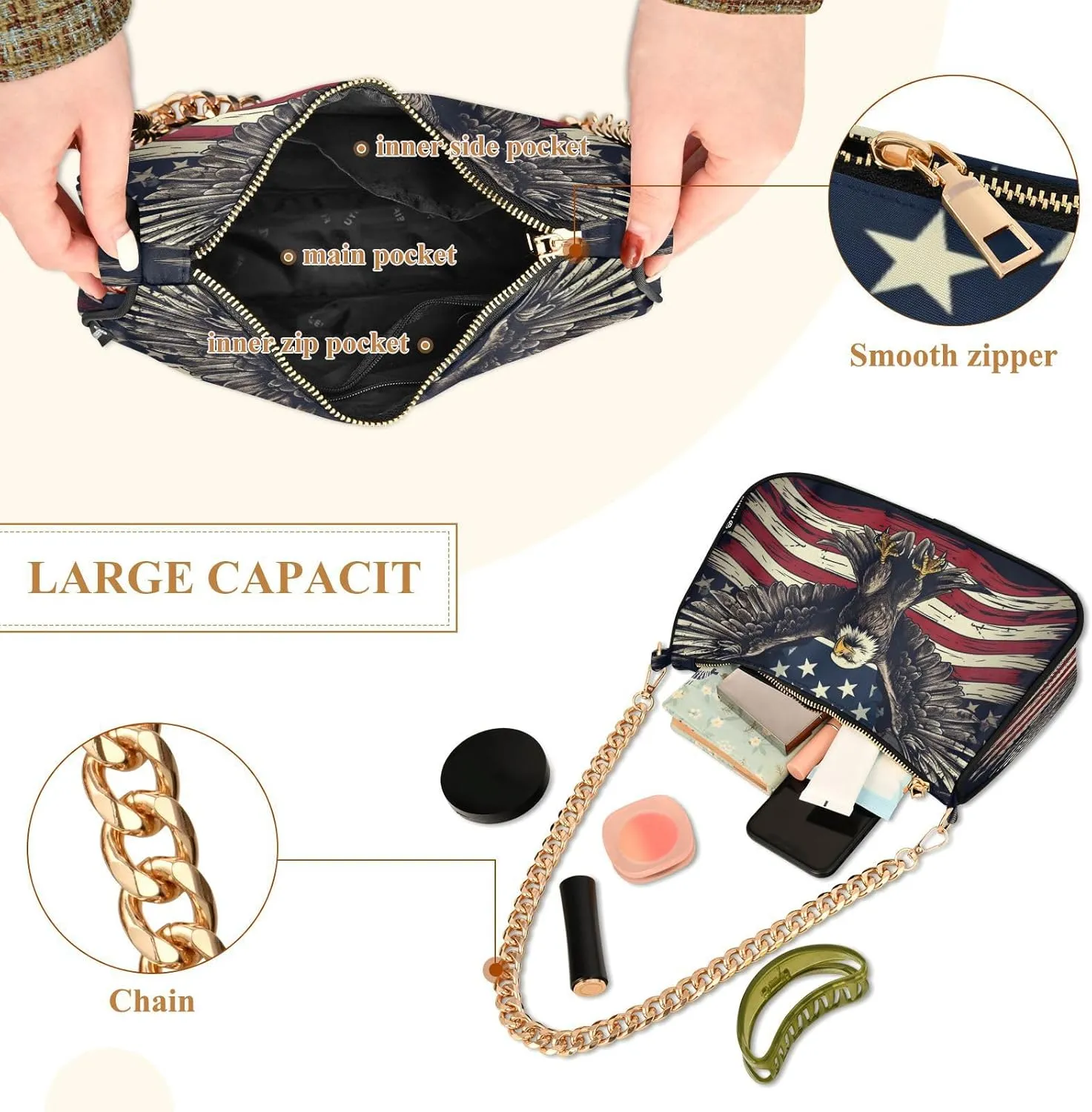 Shoulder Bags for Women American US Flag Independence Day Patriotic Hobo Tote Handbag Small Clutch Purse with Zipper Closure