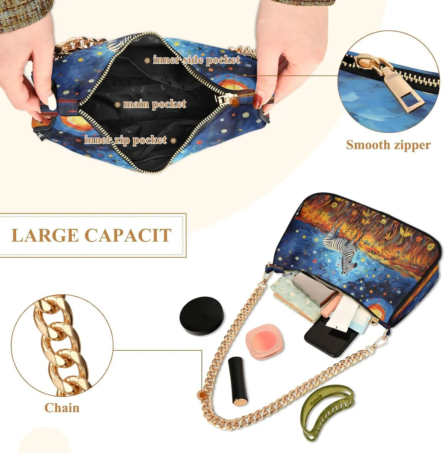 Shoulder Bags for Women Animal Zebra Leopard Cheetah Tiger Print Hobo Tote Handbag Small Clutch Purse with Zipper Closure