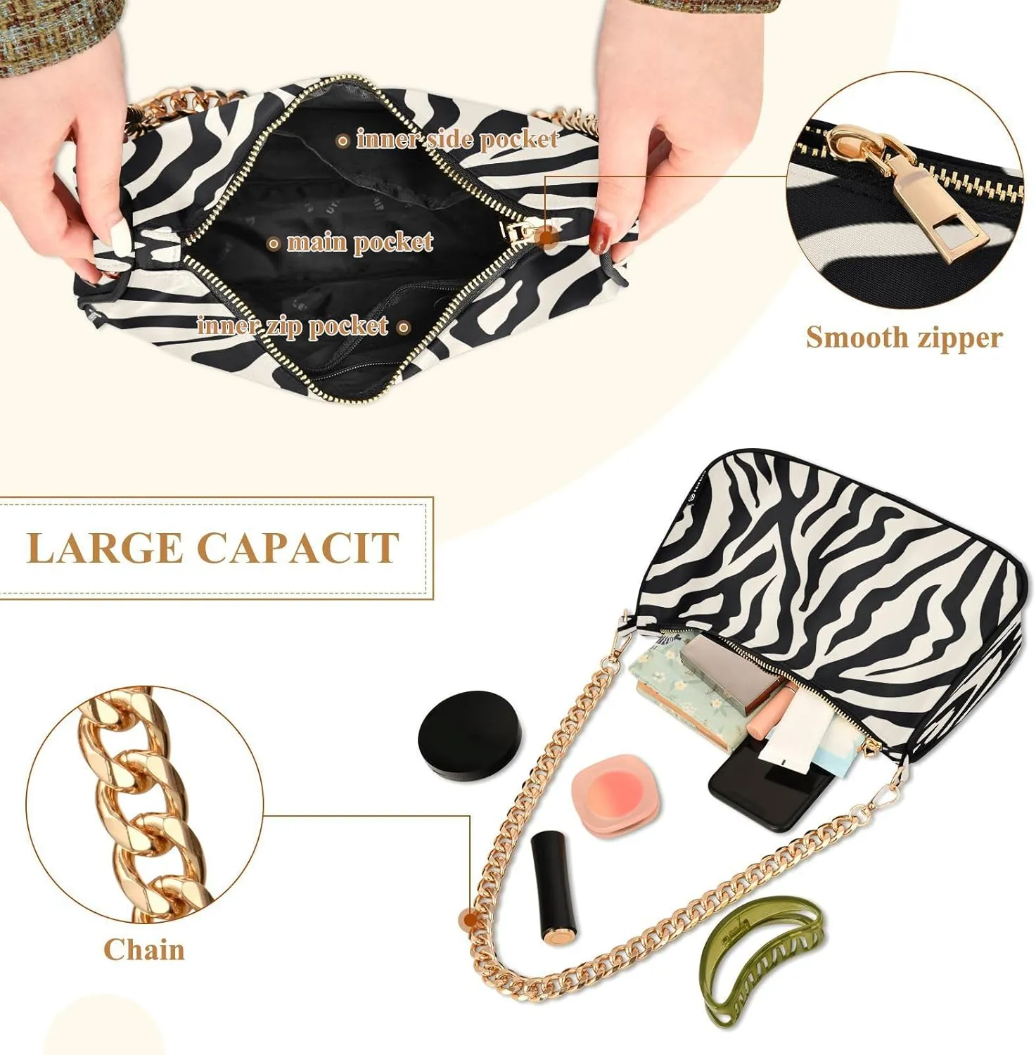 Shoulder Bags for Women Animal Zebra Leopard Cheetah Tiger Print Hobo Tote Handbag Small Clutch Purse with Zipper Closure