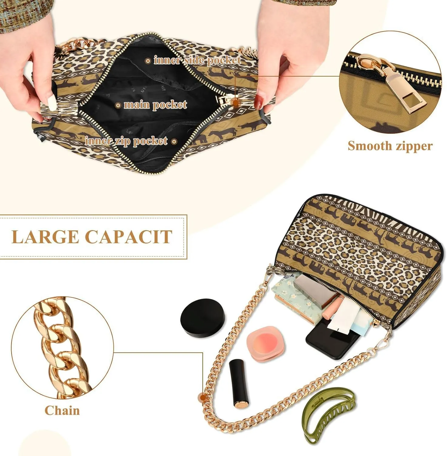 Shoulder Bags for Women Animal Zebra Leopard Cheetah Tiger Print Hobo Tote Handbag Small Clutch Purse with Zipper Closure