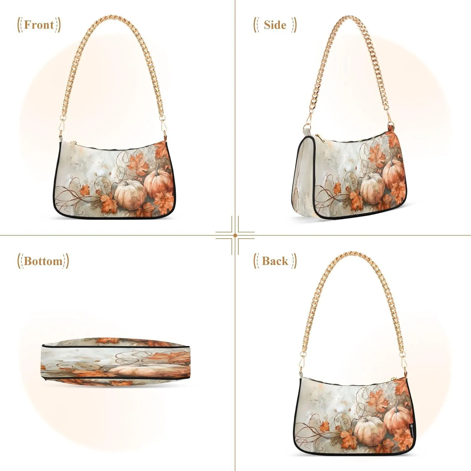 Shoulder Bags for Women Autumn Pumpkins and Fall Leaves Hobo Tote Handbag Small Clutch Purse with Zipper Closure