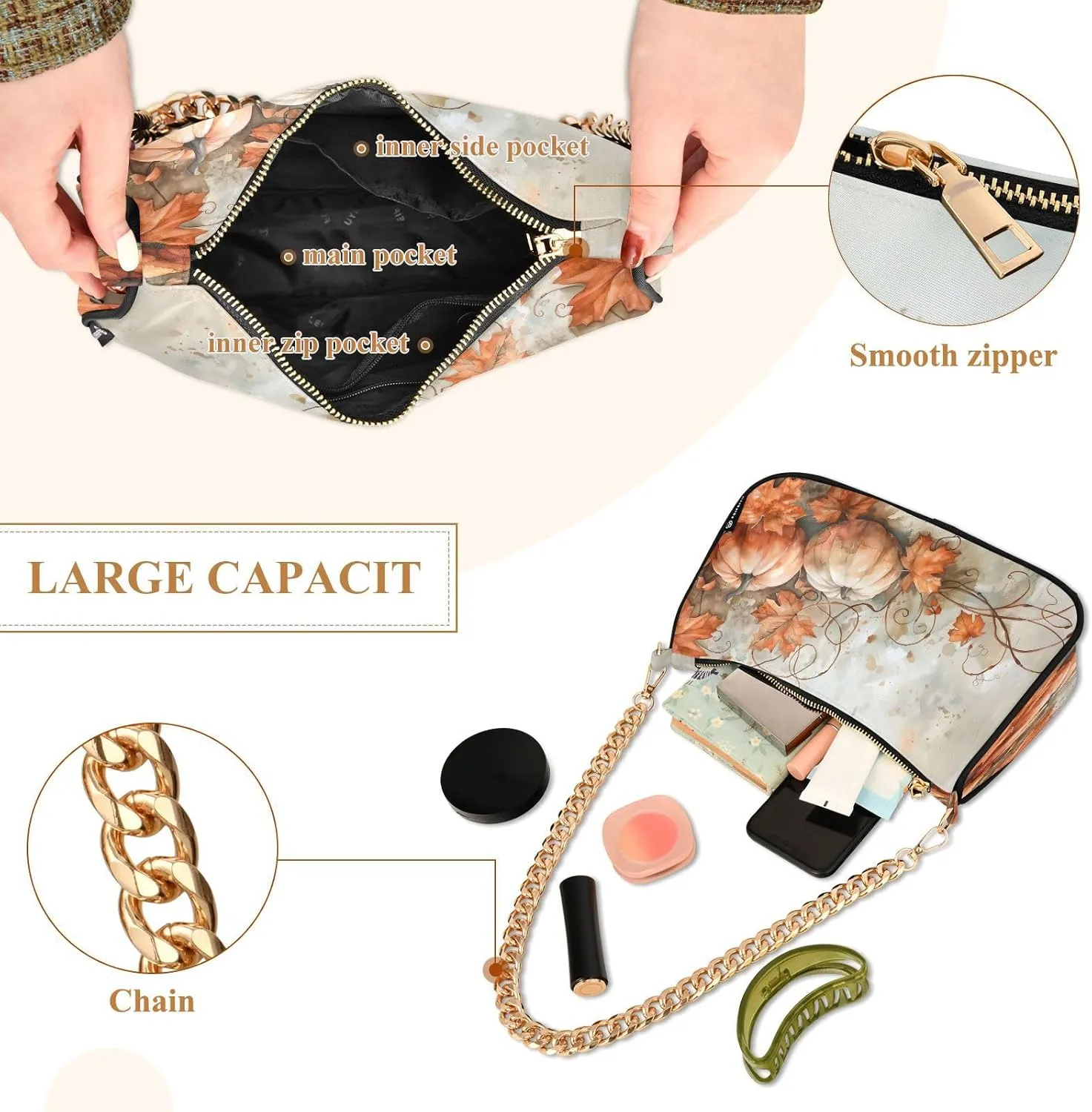 Shoulder Bags for Women Autumn Pumpkins and Fall Leaves Hobo Tote Handbag Small Clutch Purse with Zipper Closure